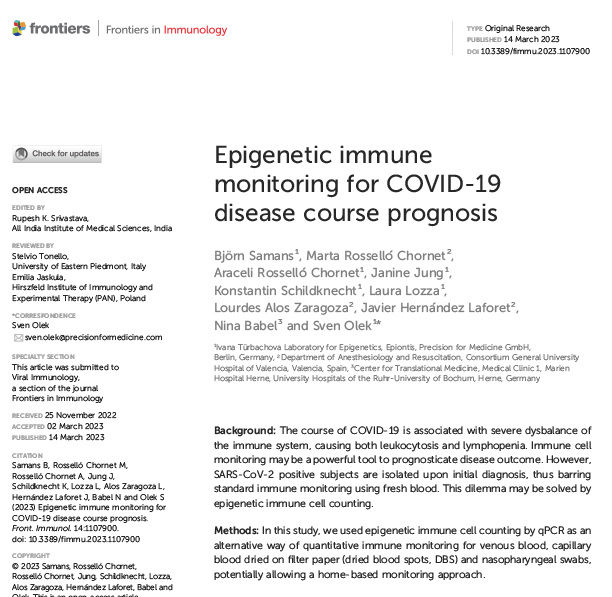 Epigenetic Monitoring for COVID-19 Disease Course Prognosis